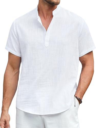 Enlision Camicia Uomo Bianca Manica Corta di Lino e Cotone Collo Coreana Maglietta Estive Uomo Elegante Casual Serafino Ampia T-Shirt con 3 Bottoni Taglie Forti XXL