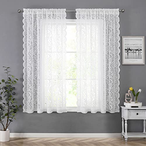 Bujasso White Sheer Lace Curtains 54 inch Vintage Floral Short Curtain Panels for Kitchen Living Room Bedroom Luxury Light Filtering White Drapes Window Treatment Sets Rod Pocket 2 Panels 54 Wx54 L