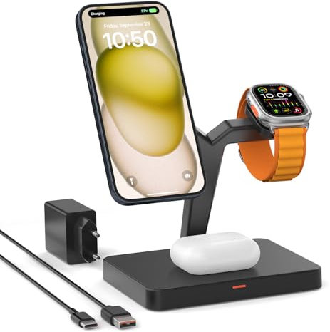 GEEKERA 3 in 1 Magnetische Ladestation, Wireless Charger Induktive Kabellose Ladestation Kompatibel mit iPhone 16/15/14/13/12/Pro Max/Mini, Apple Watch 10/9/8/7/6/SE/5/4/3, AirPods 4/3/2/Pro, Schwarz