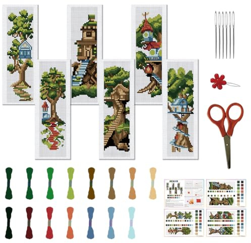 FREEBLOSS 6 Set Kreuzstich Lesezeichen: Baumhaus, Handstickerei, Großes Baummuster, Gestempeltes Set, Stick Starter für Erwachsene, Geschenk, 6 x 20 cm