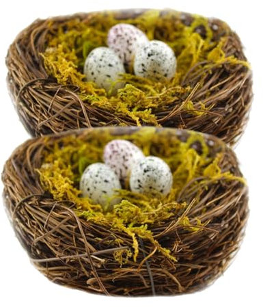 COLLBATH 2sätze Künstliches Rattan Osternest Mit Vögeln Und Eiern Dekoration Für Garten Und Fotografie Realistische Nachbildung Für Ostern Und Heimdeko Für Kreative Arrangements
