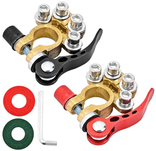 Wantli 2 pcs Bornes Bateria Latón, 4 vías positivo y negativo Terminales Bateria Rápida Abrazadera con Almohadilla de Protección Contra Corrosión, para Coches Camiones Autobuses Caravana Autocaravana