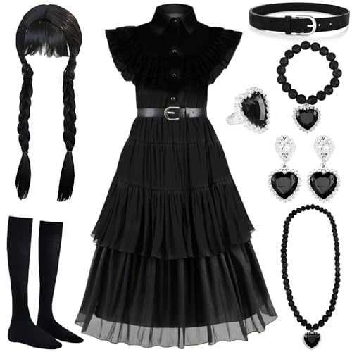 MWZEAUL Costume Halloween per Bambina, Principessa Nero Cosplay Party con Parrucca, Cintura, Parrucca, Calzini, Costumi Vestiti Bambina per Halloween Carnevale Cosplay, 9-10 Anni, 140CM
