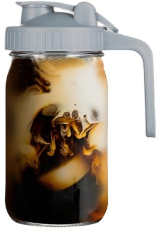 Glass Pitcher with Flip Lid and Pourer Port, Spout Lid for Juice, Milk, Coffee, Tea, Lemonade, Beverage(Grey)
