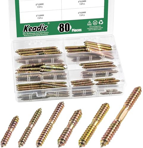 Keadic 80Pcs Double Headed Bolts, Zinc Plated Dowel Screws, M6 M8 Double Ended Screws Double Ended Rod Connector, Self-Tapping Thread Screw Wood to Wood Dowel Screw Connecting Wood for Furniture