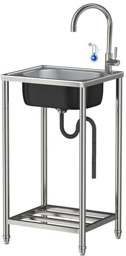 Lavello in Cucina Acciaio Inox Autoportante 1 Vasca Interno e Esterno Vasca singola Lavandino Commerciale con Supporto e Rubinetto,per Lavanderia/Campeggio/Giardino/Garage,Facile da montare