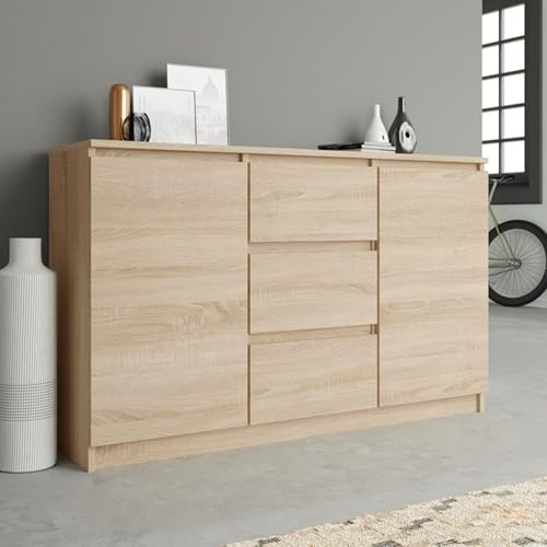 Home Collective Kommode, Schlafzimmer Flur, Schrank, Sideboard, Highboard mit 3 Schubladen und 2 Türen, Breite 120 cm Höhe 75 | Sonoma
