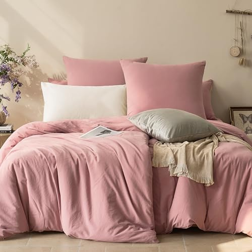 JELLYMONI Bettwäsche 135x200 Baumwolle Rosa Bettwäsche-Sets Oeko-Tex 100% Gewaschene Baumwolle Bettbezug mit Reißverschluss und Kissenbezug 40X80 mit Umschlag Weich 2-Teilige Bettwäsche