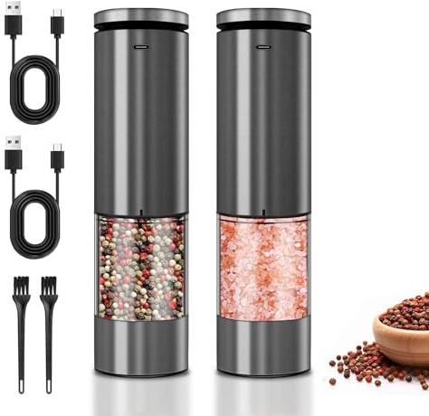 Electric Salt and Pepper Grinder Set Stainless Steel Salt and Pepper Mill Led Light Automatic One Handed Operation Rechargeable Adjustable Shakers Ceramic Rator 2 Pack Black Stainless Steel