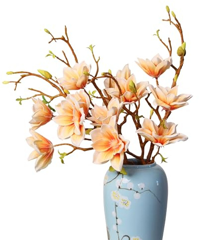 cn-Knight 3 rami di fiori di magnolia artificiali, stelo lungo 78 cm, fiori finti, fiori finti premium per decorazioni domestiche, centrotavola e composizioni matrimoniali, champagne