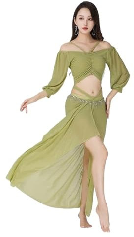 AHUFGN Bauchtanz Kostüm Tanzkleid-Übungsanzug, Bauchtanz-Übungsanzug, großes Netz, sexy Performance-Anzug, Line-Dance-Kostüm(Green,XXL)