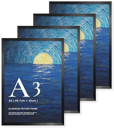 LIVINGTASTE 4 Stück Bilderrahmen A3 - Aluminium Schwarz Rahmen | gebürstet mit gehärtetem Glas fur 29.7x42 cm Fotos Fotorahmen für Poster und Wohnzimmer Kinderzimmer Deko Galerie