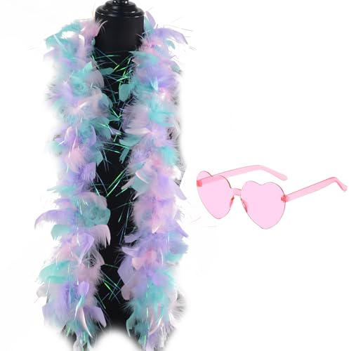 PonFxp Feather Boa, 1.2M Colorful Feather Boa With Pink Heart Sunglasses, Delicate Feather Scarf, White Feather Scarf Perfect For Dance Performances, Weddings And Carnival Celebrations