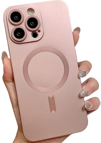 LVVLBBT Custodia di ricarica wireless magnetica per iPhone 16 15 14 13 12 11 Pro Max 7 8 Plus Custodia protettiva per obiettivo in vetro morbido opaco, rosa, per iPhone 12 Mini