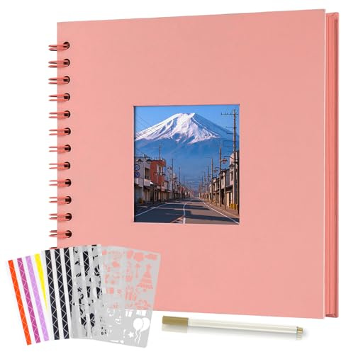 Boic Fotoalbum zum Selbstgestalten 21x21cm, DIY Spiralalbum 40 Seiten Fotoalben Scrapbook mit Fenster, Fotobuch für Baby Valentinstag Geburtstag Weihnachten Geschenk (Rosa)