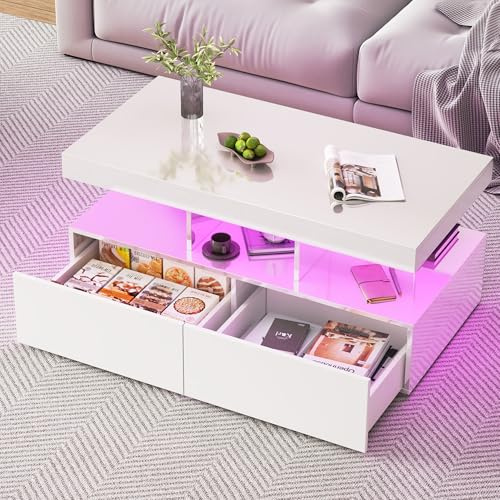 LIVLUX Table Basse Moderne 104x53x46 cm, Table Basse Blanc laqué avec LED, dotée d'un Espace de Rangement Ouvert et 2 tiroirs, idéale pour Le Salon, Le Bureau, la Chambre. (Blanc, 104 X 53 X 46 cm)