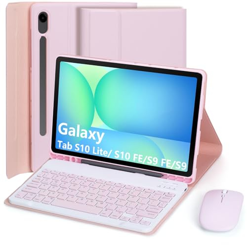 Keyboard Case for Samsung Galaxy Tab S10 Lite/S10 FE/Galaxy S9 FE 10.9 inch/Tab S9/S8/S7 11 inch, UK Layout Detachable Bluetooth Keyboard, Protective Folio Cover with S Pen Holder and Mouse (Pink)