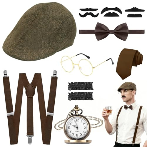 LUCKNIGHT 1920-tals tillbehör för män, Great Gatsby kostym män, 8 st Old Man-kostym, Gangster COS PLAY kostymset för temafester, bröllopsfester, halloween (med hattfickur)