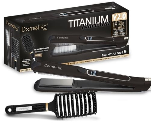 Demeliss Saint Algue – Estuche alisador de vapor Titanium V2.0 BLACK MAT – Incluye un cepillo desenredante ventilado, alisado de alto rendimiento, hidratación intensa – para todo tipo de cabello