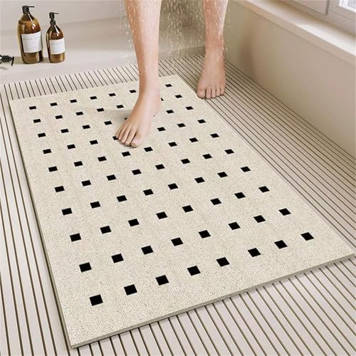 Odot Duschmatte rutschfest,Schnelltrocknend PVC-Luffa Badewannenmatte,Badezimmerteppich mit Ablaufloch, Einfache Textur Badteppich,Duschvorleger für Badewanne/Nassbereiche (Schwarz Beige,50x80cm)