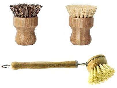 Wooden Dish Brush Set Clean Pots Bamboo Dish Brush - 1 Long Handle Dish Brush and 2 Palm Scrubbing Brush Scrub Brush for Pots, Pans & Dishes,Plastic Free Washing Up, Zero Waste Cleaning (3 Pack)