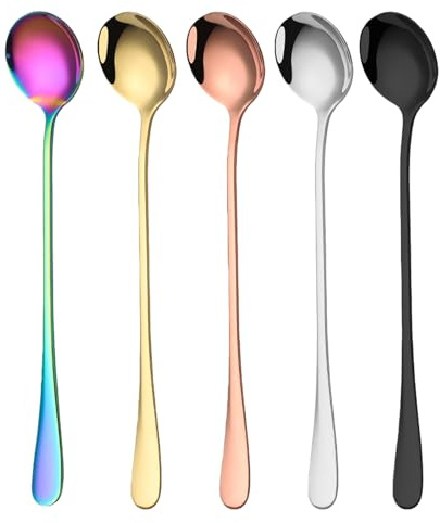 5 Pcs Latte Spoons Long Handle - Stainless Steel Long Teaspoons - Colorful Sundae Spoons - Extended Handle Stirring Spoons for Coffee Ice Cream Dessert (7.48in)