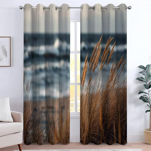 Mörkläggningsgardiner Värmeisolerande gardin för inomhus, blockerar ultravioletta strålar, ungdomar och vuxna, för sovrum vardagsrum, 91,5 x 214 cm x 2 (B x H) med öljetter, hav vågstavar landskap