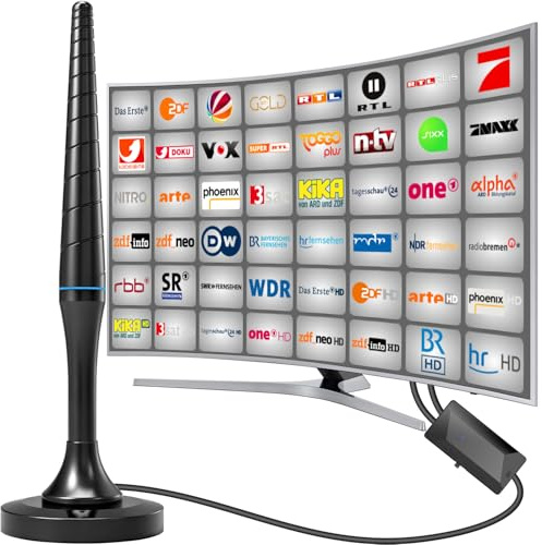 DVB-T/DVB-T2 Antenne mit Verstärker, 360° Empfang & Großer Reichweite, Innen TV Antenne mit Magnetfuß & 5M Koaxialkabel, Unterstützt 4K 1080P DAB/UHF/VHF, Kompatibel mit Allen Fernsehern