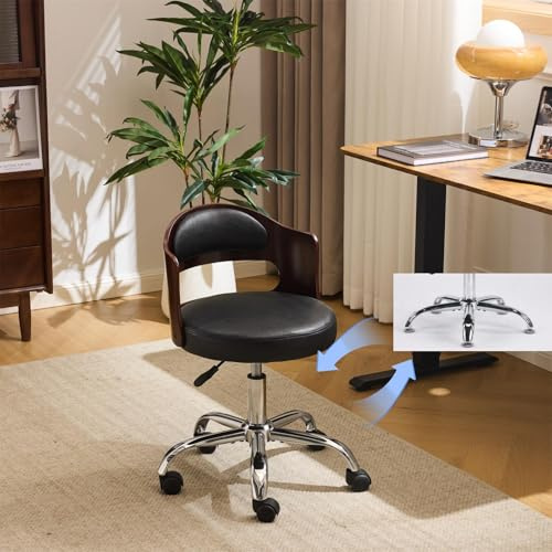 Bonnlo Elegant Comfy Vanity Chair with/no Wheels Small Office Desk Chair Mid Century Walnut Swivel Dressing Table Ch With Adjustable Height for Home Office, Bedroom, Dressing Room, PU (Black)
