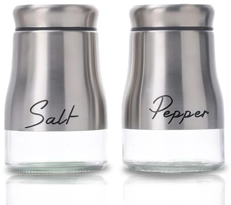 2 Stück Silber Salz Pfeffer Shaker,Salz und Pfefferstreuer Set mit Glasflasche,Set aus Edelstahl und Glas Gewürzstreuer für Haus, Küche, Restaurant, Esstisch