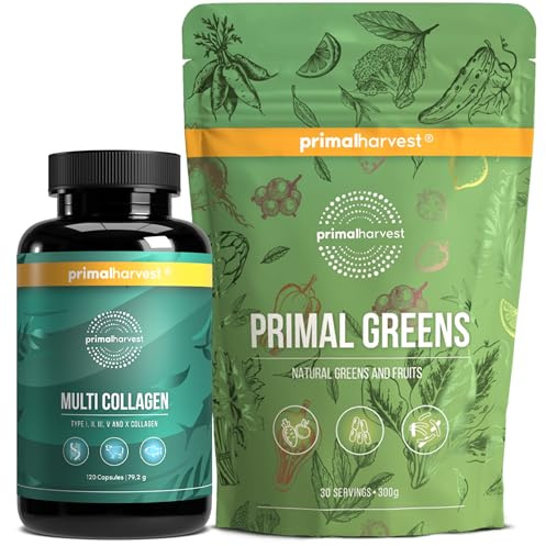 Primal Harvest Zwei-Schritte-Tagesroutine | Multi Collagen Kapseln + Greens Pulver | 2er-Pack | 30 Tage
