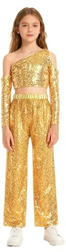Riismen Costume Danza Jazz Bambine Con Spaghetti Strap E Sequins Top Corto Una Spalla Con Frange E Pantaloni In Sequins Brillanti Corrispondenza Oro 5-6 anni