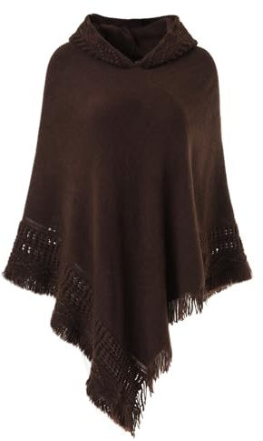 Ferand Damen Kapuzen Poncho mit Häkelborde, Cape für Frauen aus Strickmaterial mit Zierfransen, braun