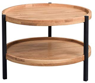 M2 Kollektion Alva 2 – Runder Couchtisch (Ø 65 cm, H 46 cm) | Furnierte Wildeiche, geölt | Metallgestell in Schwarz | Mit zusätzlicher Ablage | Modernes, industrielles Design | Pflegeleicht & stabil