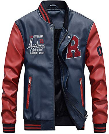 FTCayanz Homme Veste en Cuir Teddy Blouson Baseball Casual Similicuir Jacket Bleu foncé XL