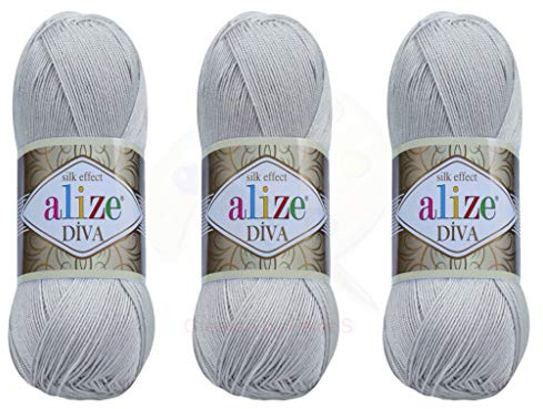 Alize Diva Garn 100% Mikrofaser Acryl Garn, Hellgrau, 3 Stränge, 400gr, 1314yds