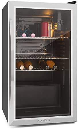 Klarstein Beersafe Dryckeskyl 80 L – Minikylskåp med glasdörr, Svart/Silver | LED-belysning, uttagbara metallhyllor, tyst