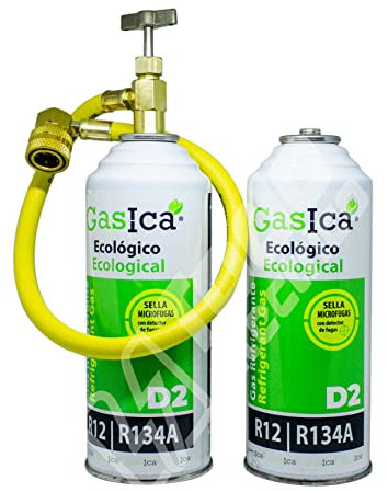 Pack économique Gasica D2 (2 bouteilles 226 g) Gaz réfrigérant organique écologique Gasica D2 remplace R12, R134A + tuyau avec clé et connecteur rapide pour recharge de voiture
