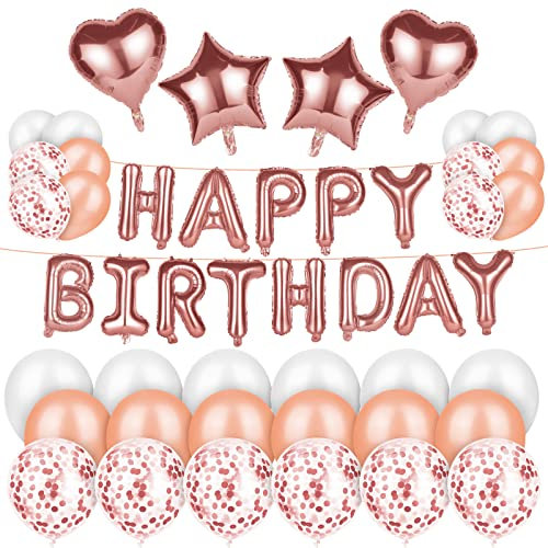 Vicloon Compleanno Decorazione, 49Pcs Set di Palloncini Compleanno, Palloncini Rosa Banner Coriandoli in Lattice Decorazioni Festa Decorazioni