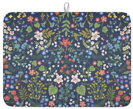 Flower Floral Dish Drying Mat 18x24 inch Microfiber Navy Blue Drying Mats with Hanging Loop Absorbent Green Leaves Dish Drainer Mat Reversible Flowers Drying Pad for Kitchen Counter Sink