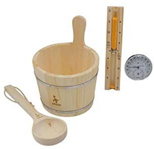 Saunazubehör Set mit Aufgusskübel Kelle Thermometer Hygrometer Sanduhr