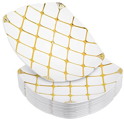 STACKABLES Lot de 20 assiettes carrées, polyvalentes, en plastique dur, réutilisables, blanches avec motifs dorés, diamètre 20 cm