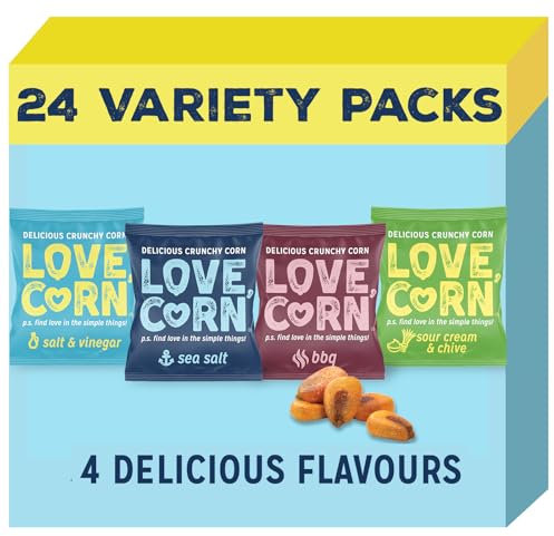 LOVE CORN Variety Pack (6 Sea Salt, 6 BBQ, 6 Salt & Vinegar, 6 Sour Cream & Chive 20g) – Healthy Snacks Ideal for Gluten Free & Vegan Diets – Low Sugar Alternative for Crisps and Mixed Nuts