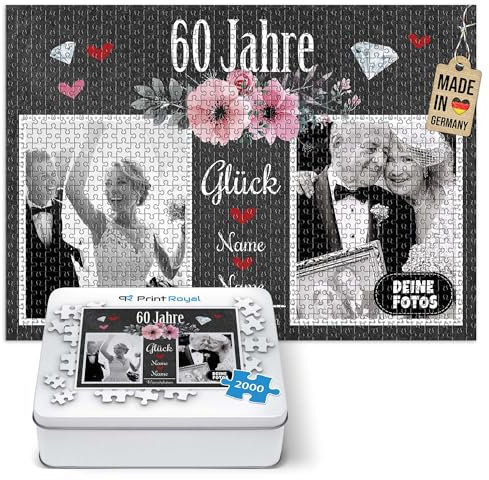 Foto-Puzzle selbst gestalten - 60 Jahre Glück - mit Namen, Datum und 2 Fotos personalisierbar, Geschenk zur diamantenen Hochzeit | personalisiertes Geschenk, 2000 Teile, inkl. Metalldose