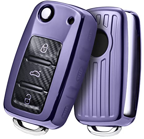 OATSBASF Autoschlüssel Hülle VW, VW Golf Schlüsselbox, Schlüsselhülle Cover für vw Polo Passat Skoda Seat 3-Tasten (violett)