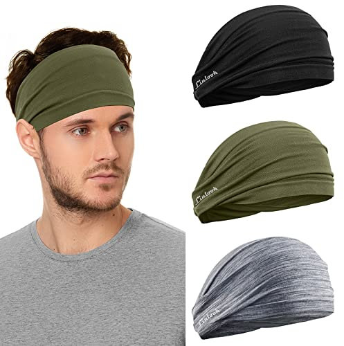 Linlook Sport Stirnband für Herren und Damen - Breit Schweißband für Fitness Joggen Laufen Radfahren Wandern Crossfit und Yoga - Hoch Dehnbar Haarband für Damen und Herren (Grau+Schwarz+Khaki)