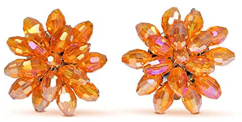 Aeravida Dazzling Orange Chrysanthemum Floral Crystal Clip On Earrings | Elegant Jewelry Wire Clip-on Earrings | Gift for Women