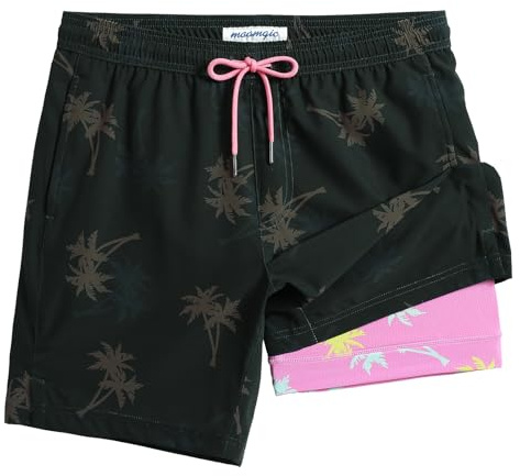 maamgic Mens Swim Trunks with Compression Liner 7 Inch Inseam Mens Bathing Suit Quick Dry Swimming Trunks Swimsuit Palmtree Black Pink X-Large