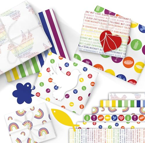 Papierdrachen 6 Bögen Geschenkpapier | 60x40cm - 6 verschiedene Designs hochwertig auf 80g/m² Papier - Regenbogen- Geschenkverpackung zur Taufe, Kommunion, Konfirmation - mit 12 Etiketten - Set 2
