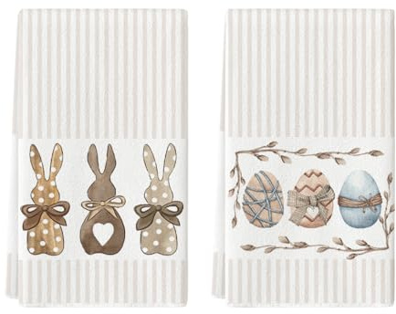 Artoid Mode Stripe Rabbit Bunny Eggs Easter Kitchen Towels Dish Towels, 18x26 Inch Spring Decoration Hand Towels Set of 2